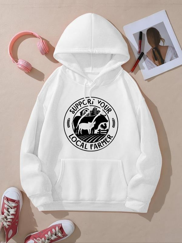 Women's Farm Landscape & Letter Print Drop Shoulder Hoodie, Fashion Casual Drawstring Pocket Hooded Sweatshirt for Daily...