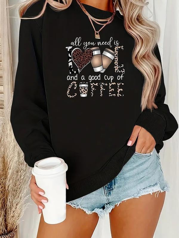 Women's Fashion Casual Round Neck Sweatshirt, Coffee Heart Leopard Print, Comfortable Stylish, Perfect for Coffee Lovers,...