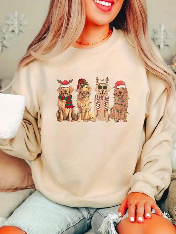 Women's Fashion Christmas Golden Retriever Print Sweatshirt, Casual Long Sleeve Fitted Sporty Pullover, Fall & Winter...