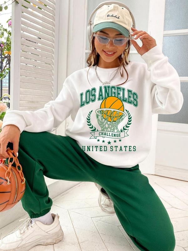 Women's Fashion Letter Graphic Print Drop Shoulder Sweatshirts, Loose Long Sleeve Round Neck Pullover, Women Tops For...
