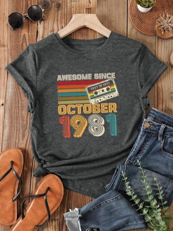 Women's Fashionable Graphic Round Neck Tee, Summer Clothes Women, Audiotape Print Short Sleeve Crew Neck T-Shirt for...