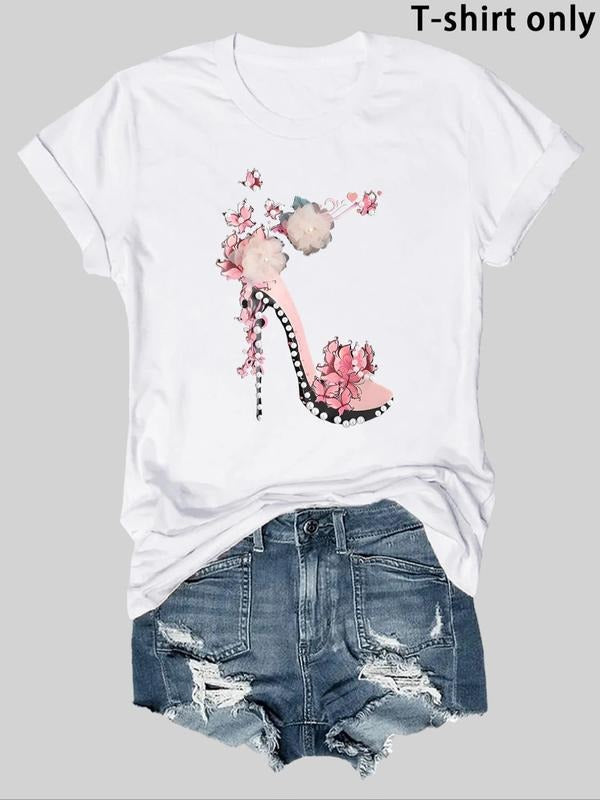 Women's Fashionable High Heel & Flower Print Round Neck Tee, Casual Short Sleeve Crew Neck T-shirt for Summer, Fashion...