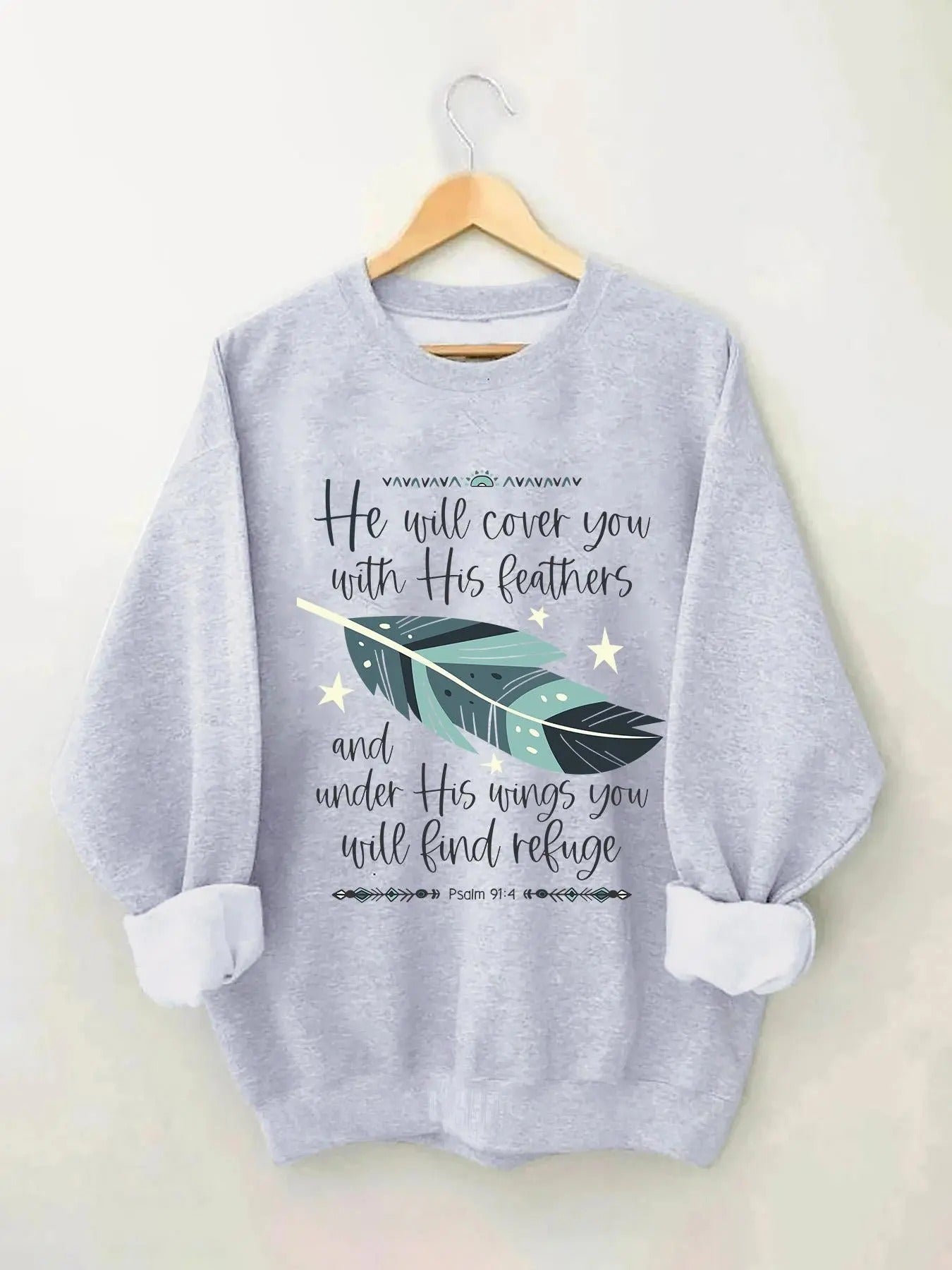 Women's Feather & Letter Print Drop Shoulder Sweatshirt, Casual Long Sleeve Round Neck Pullover for Fall & Winter, Ladies...