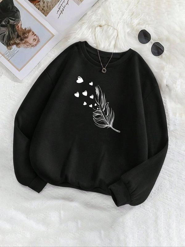 Women's Feather Print Drop Shoulder Sweatshirt, Casual Long Sleeve Round Neck Pullover for Fall & Winter, Ladies Clothes...
