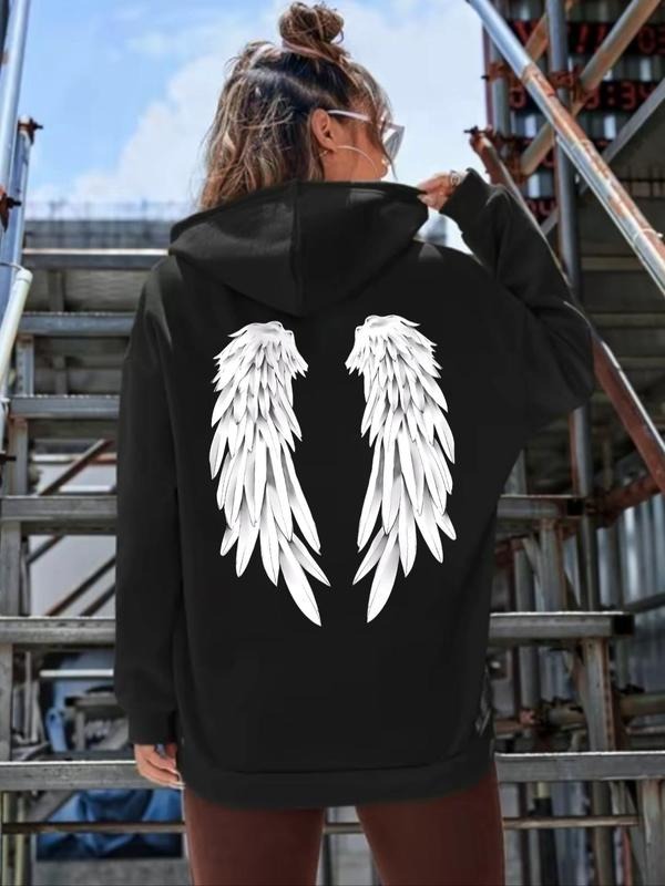 Women's Feather Wing Print Hoodie, Casual Long Sleeve Drawstring Pocket Hooded Sweatshirt for Fall & Winter, Fashion...