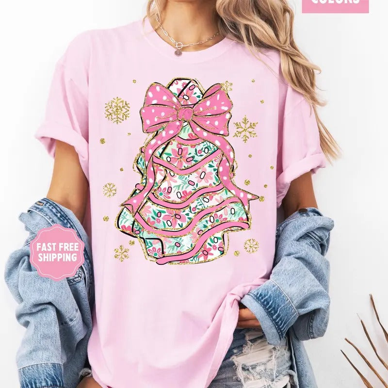 Women's Festive T-shirt with Coquette Bow, Loose Fit Christmas Party Tee, 50% Cotton 50% Polyester, Medium-heavy Fabric