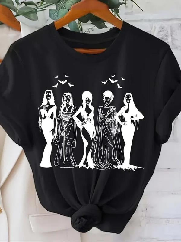 Women's Figure & Bat Print Round Neck Tee, Casual Short Sleeve Crew Neck T-shirt for Summer, Fashion Women's Top for...