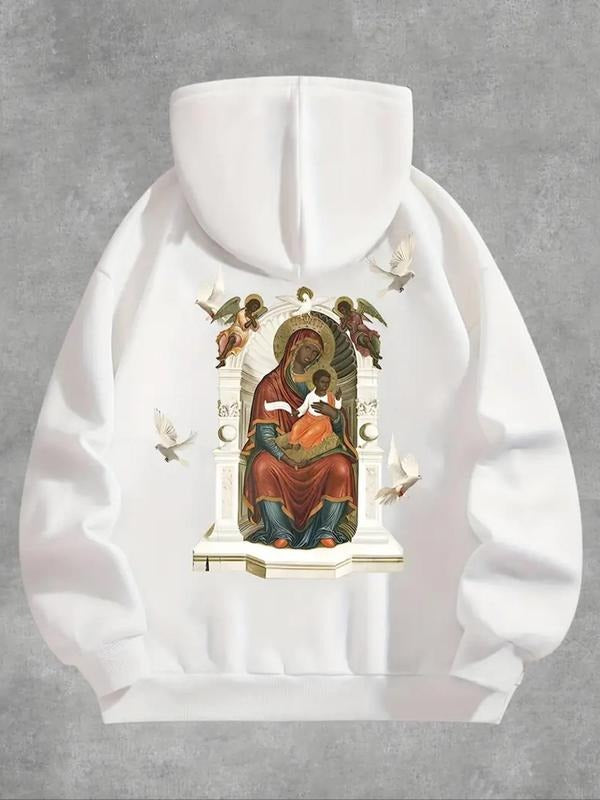 Women's Figure & Bird Print Drop Shoulder Hoodie, Fashion Casual Drawstring Pocket Hooded Sweatshirt for Daily Holiday...