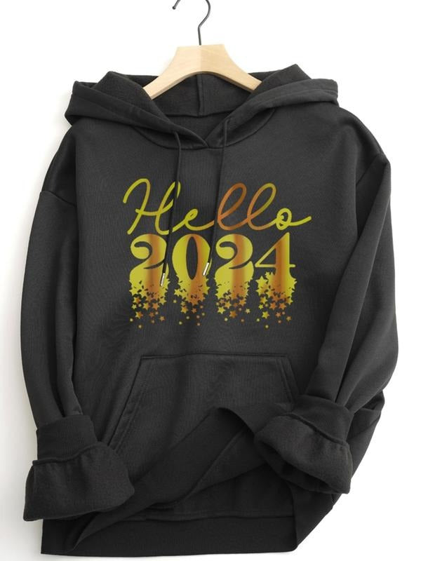 Women's Figure & Letter Print Drop Shoulder Hoodie with Kangaroo Pocket Design, Drawstring Pocket Hooded Sweatshirt for...