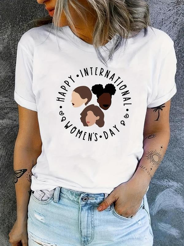 Women's Figure & Letter Print Round Neck Graphic Tee, Vintage Trendy Casual Short Sleeve T-shirt for Daily Wear, Ladies...