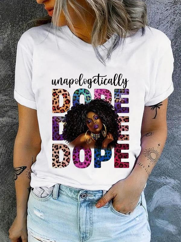 Women's Figure & Letter Print Round Neck Tee, Fashion Casual T-shirt for Daily Holiday Vacation Outdoor Wear, Ladies...