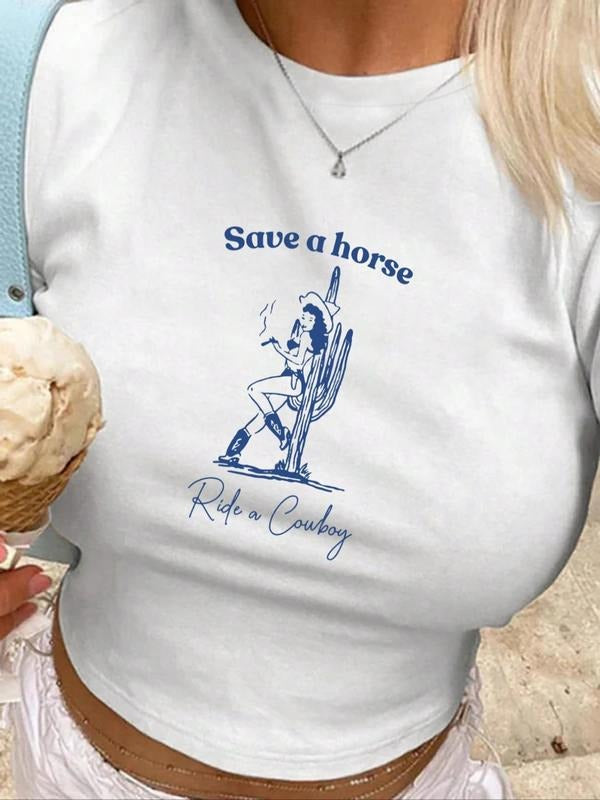 Figure & Letter Print Round Neck Short Casual Short Sleeve Crew Neck Summer Top Daily T-Shirts, Hoodie, Sweatshirt