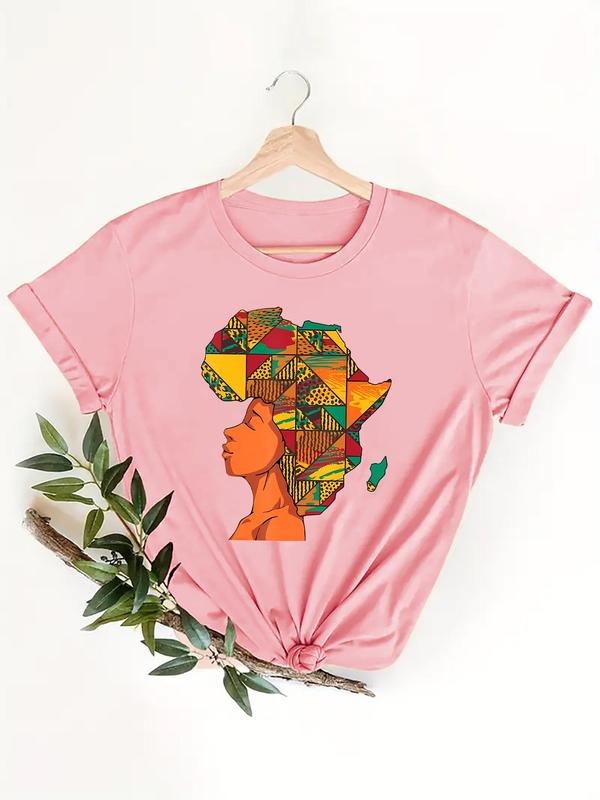 Women's Figure & Map Print Round Neck Tee, Trendy Short Sleeve T-Shirt for Daily Wear, Ladies Summer Outfit Hoodie,...