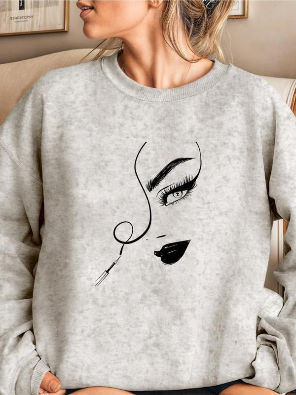 Women's Figure Face Print Drop Shoulder Sweatshirt, Casual Long Sleeve Round Neck Pullover for Daily Wear, Ladies Clothes...