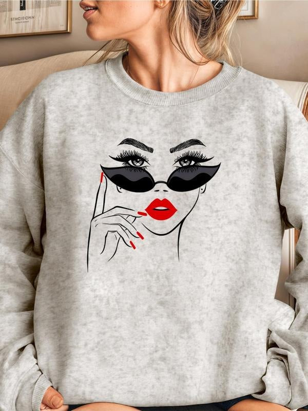 Women's Figure Face Print Drop Shoulder Sweatshirt, Casual Long Sleeve Round Neck Pullover for Spring & Fall, Ladies...