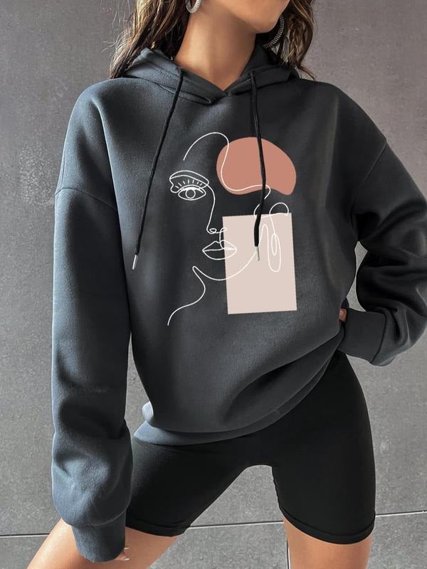 Women's Figure Print Drop Shoulder Hoodie, Casual Drawstring Hooded Sweatshirt, Women Spring & Fall Clothes for Daily...
