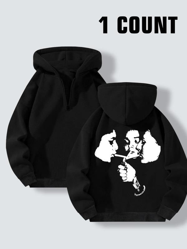 Women's Figure Print Half Zip Hoodie, Casual Drop Shoulder Long Sleeve Hooded Sweatshirt for Fall & Winter, Women's...