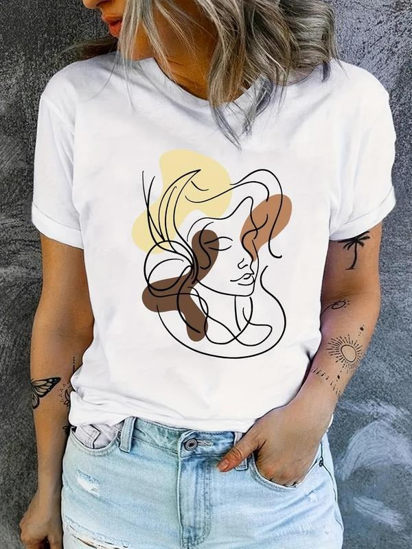 Women's Figure Print Round Neck Tee, Casual Short Sleeve Crew Neck T-shirt for Daily Wear, Ladies Clothes for All Seasons...