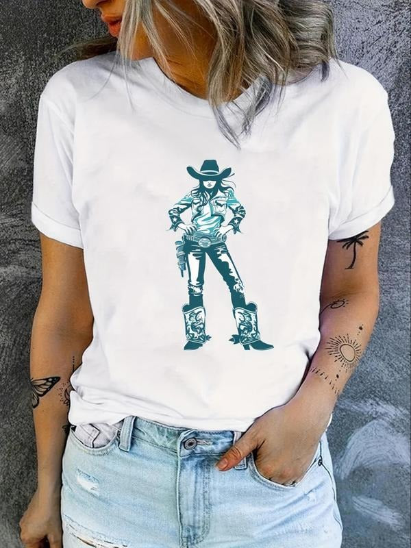 Women's Figure Print Round Neck Tee, Casual Short Sleeve T-shirt for Daily Wear, Ladies All Seasons Outfit Hoodie, Sweatshirt