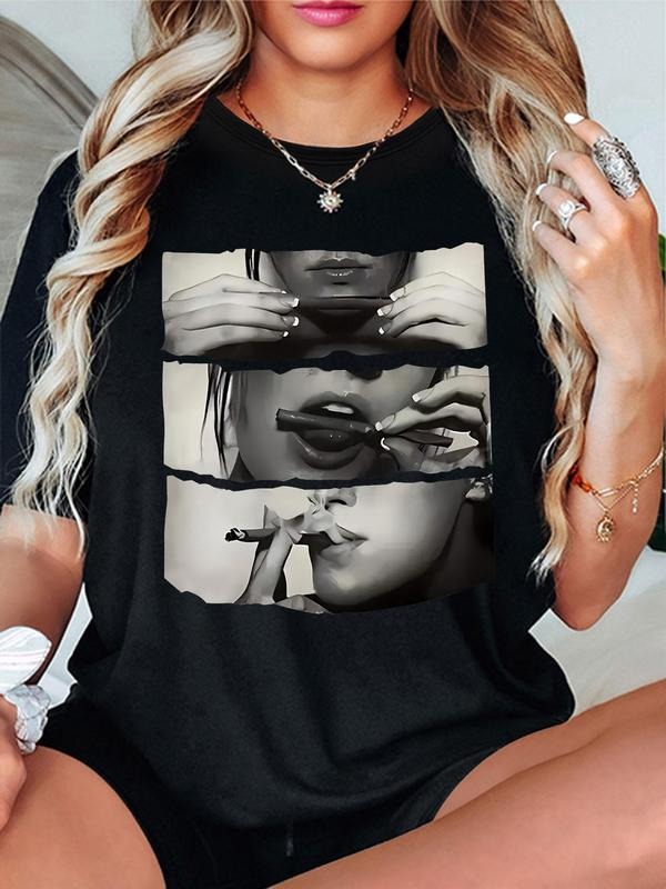 Women's Figure Print Round Neck Tee, Stylish Casual Crew Neck Short Sleeve T-Shirt for Daily Holiday Vacation Outdoor...