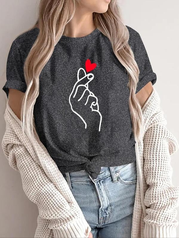 Women's Finger Heart Print Round Neck Tee, Casual Short Sleeve Graphic T-shirt, Ladies Summer Outfit for Daily Wear...