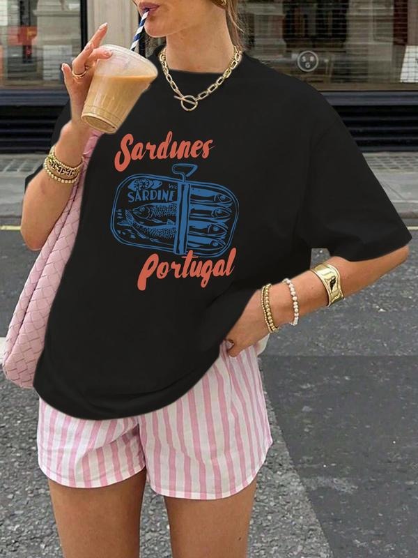 Women's Fish & Letter Print Round Neck Tee, Casual Short Sleeve Crew Neck T-shirt for Summer, Fashion Women's Top for...