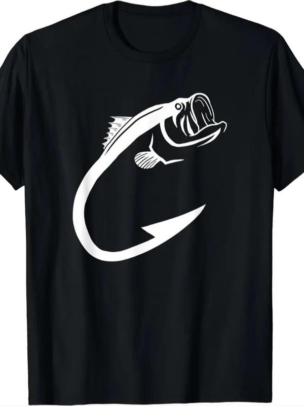 Women's Fish Hook Print Round Neck Tee, Casual Short Sleeve Crew Neck T-Shirt for Daily Wear, Ladies Clothes for All...