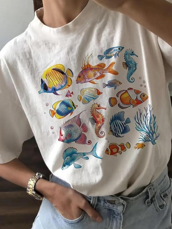 Women's Fish Print Round Neck Tee, Casual Short Sleeve Crew Neck T-Shirt for Summer, Fashion Women's Top for Daily Wear...