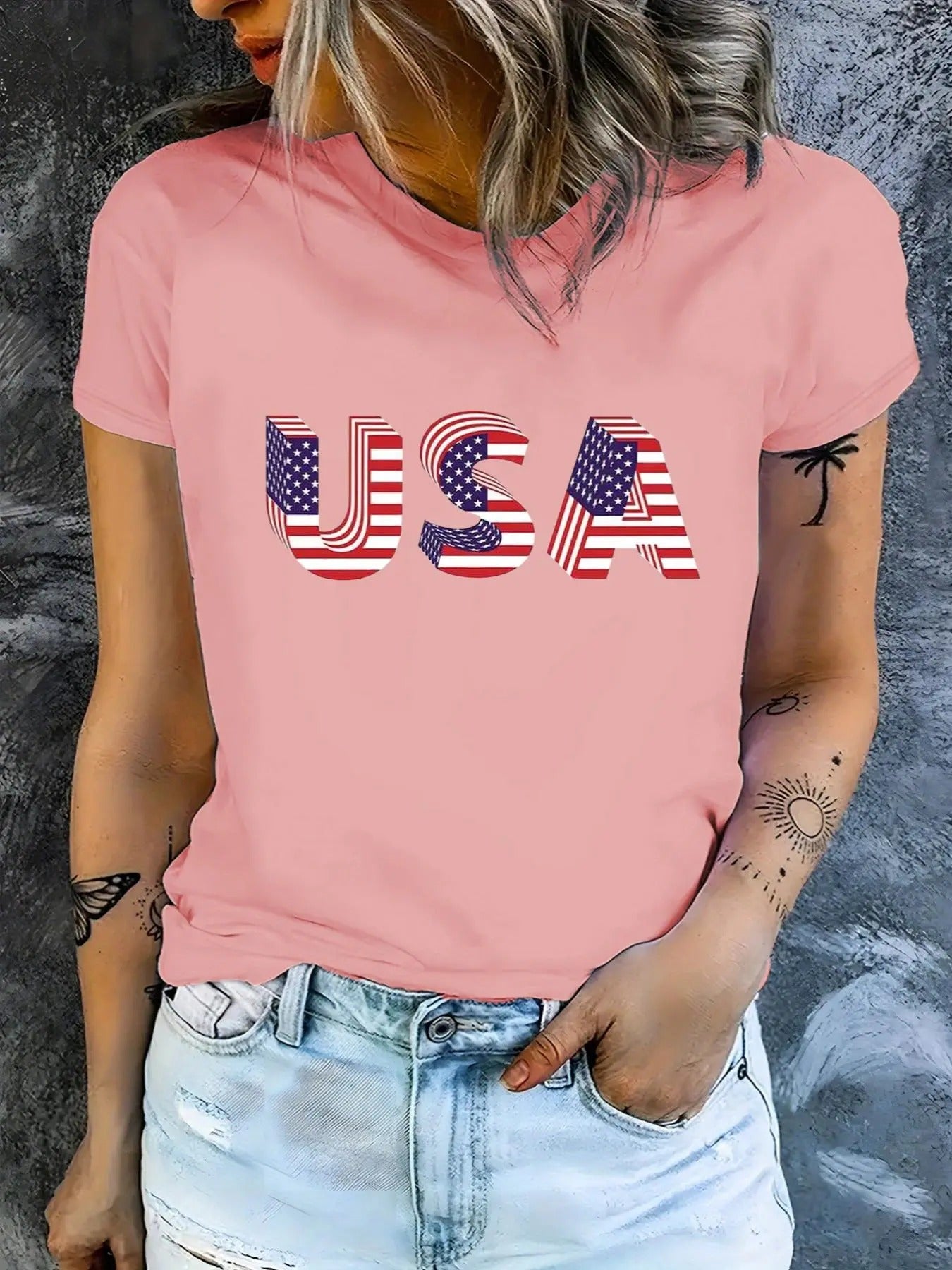 Women's Flag & Letter Print Round Neck Graphic Tee, Trendy Casual Short Sleeve T-shirt for Daily Wear, Ladies All Seasons...