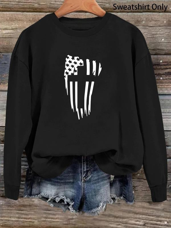 Women's Flag Print Drop Shoulder Round Neck Sweatshirt, Fashion Casual Crew Neck Pullover for Daily Holiday Outdoor Wear,...