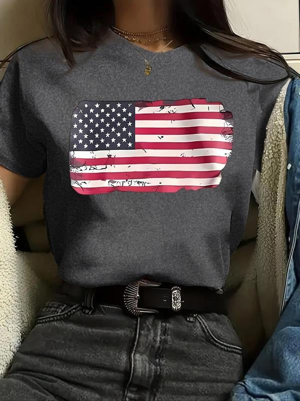 Women's Flag Print Round Neck Tee, Trendy Casual Short Sleeve Crew Neck T-shirt for Daily Wear, Ladies Summer Outfit...