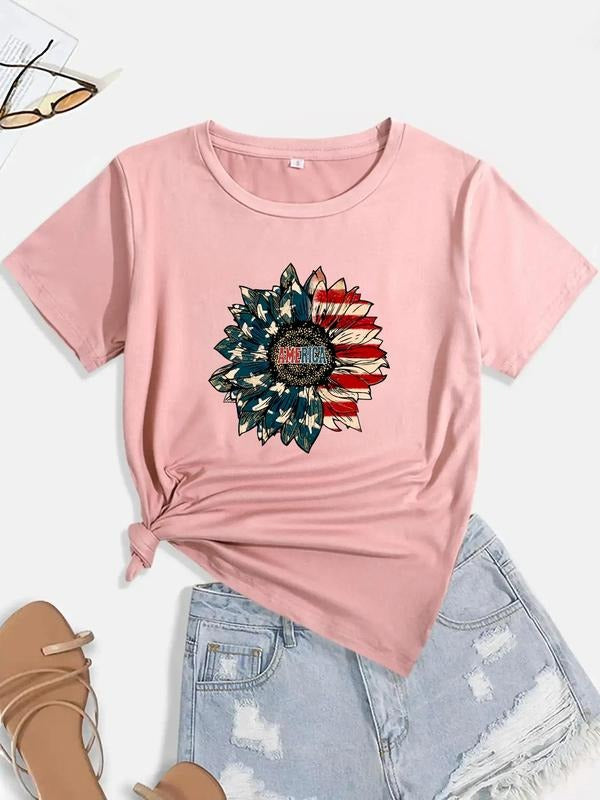 Women's Flag Print Round Neck Tee, Vintage Trendy Casual Short Sleeve T-shirt for Daily Wear, Ladies All Seasons Outfit...
