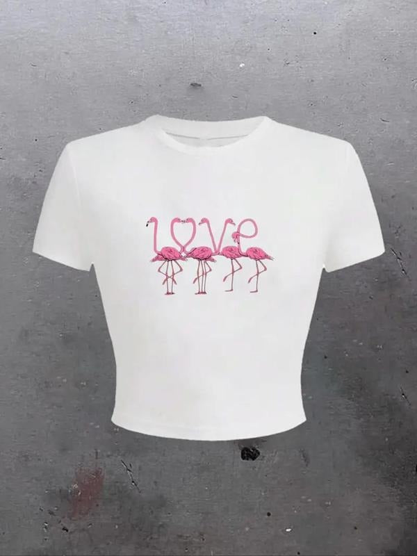 Women's Flamingo & Heart Print Round Neck Tee, Casual Short Sleeve Crew Neck T-Shirt for Summer, Fashion Women's Top for...