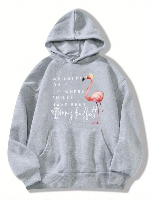 Women's Flamingo & Letter Print Drop Shoulder Hoodie, Fashion Casual Drawstring Pocket Hooded Sweatshirt for Daily...