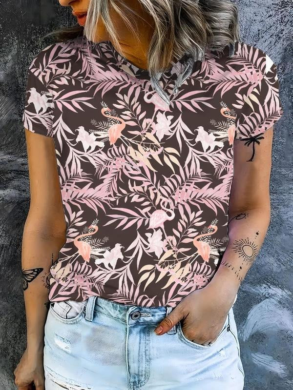 Women's Flamingo & Palm Tree Print Round Neck Tee, Casual Short Sleeve Crew Neck T-shirt for Daily Wear, Ladies Clothes...