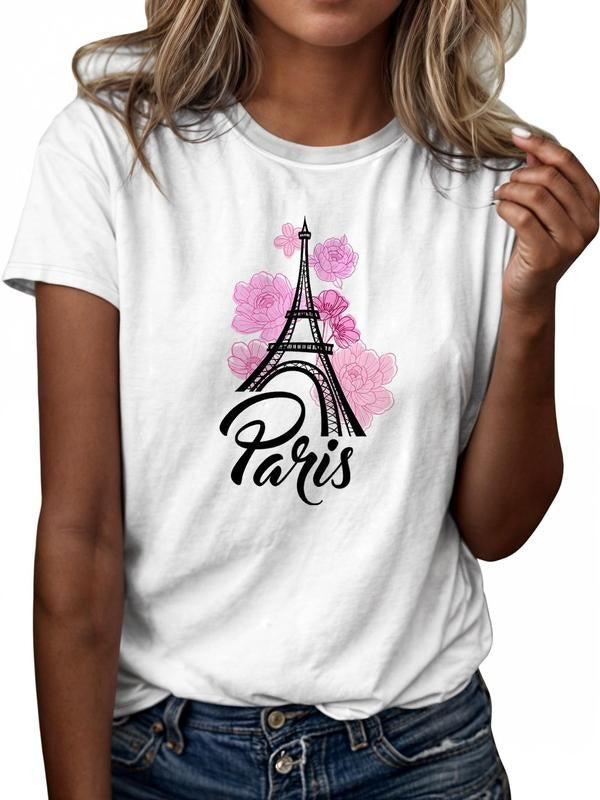 Women's Floral & "PARIS" Letter Print Round Neck Tee, Casual Short Sleeve T-shirt for Daily Wear, Ladies All Seasons...
