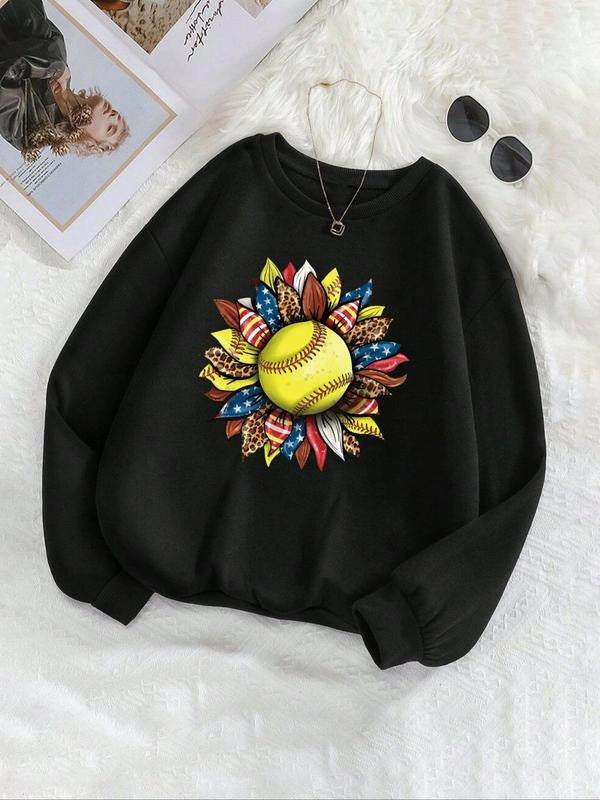 Women's Floral & Baseball Print Drop Shoulder Sweatshirt, Casual Long Sleeve Round Neck Pullover for Fall & Winter,...