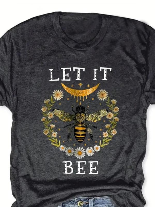 Women's Floral & Bee & Letter Print Round Neck Tee, Casual Short Sleeve Crew Neck T-Shirt for Summer, Fashion Women's Top...