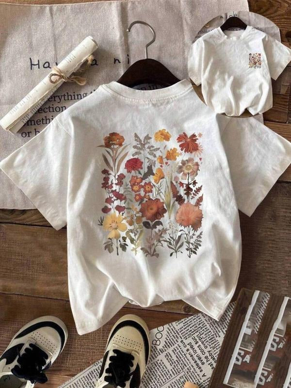 Women's Floral & Bird Print Round Neck Tee, Elegant Casual Short Sleeve T-shirt for Summer, Ladies Clothes for Daily...