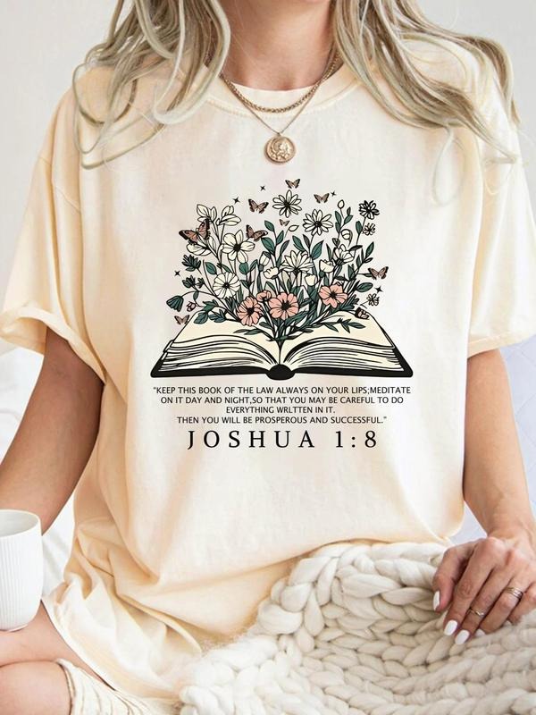 Women's Floral & Book Print Round Neck Graphic Tee, Vintage Trendy Casual Short Sleeve T-shirt for Daily Wear, Ladies...