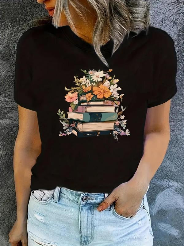 Women's Floral & Book Print Round Neck Tee, Casual Short Sleeve T-Shirt for Summer, Ladies Clothes for Daily Wear Hoodie,...