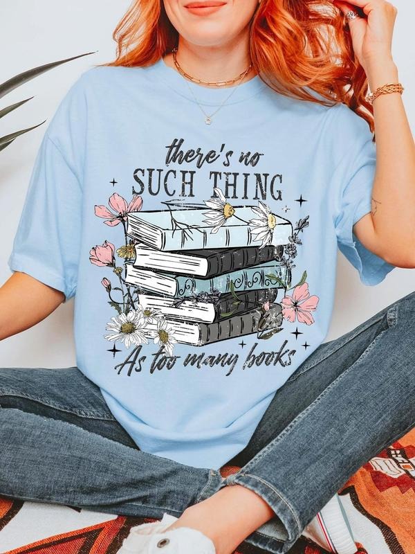 Women's Floral & Book Print Round Neck Tee, Fashion Casual Crew Neck T-shirt for Daily Holiday Vacation Outdoor Wear,...