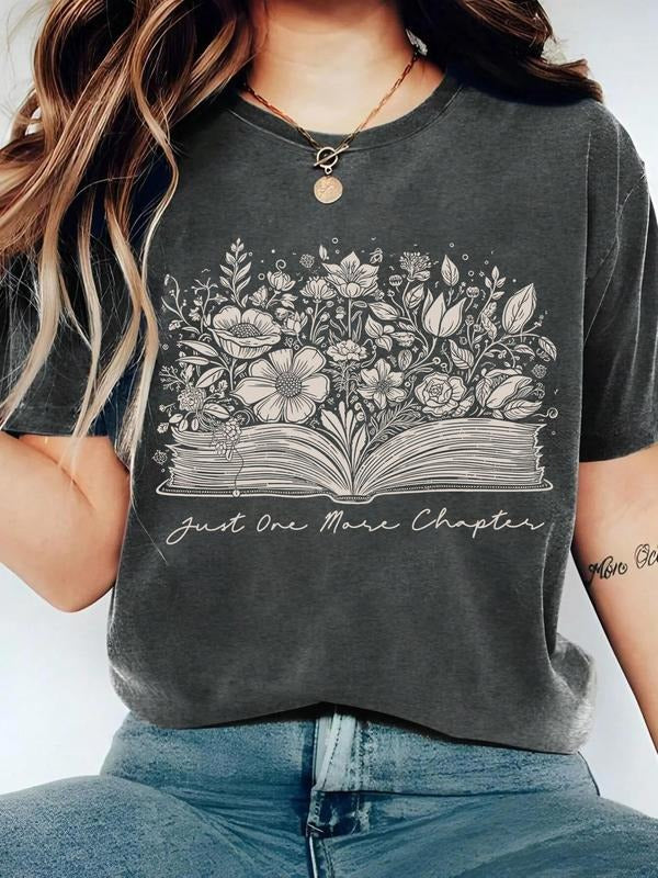 Women's Floral & Book Print Round Neck Tee, Vintage Trendy Casual Graphic Short Sleeve T-shirt for Daily Wear, Ladies...