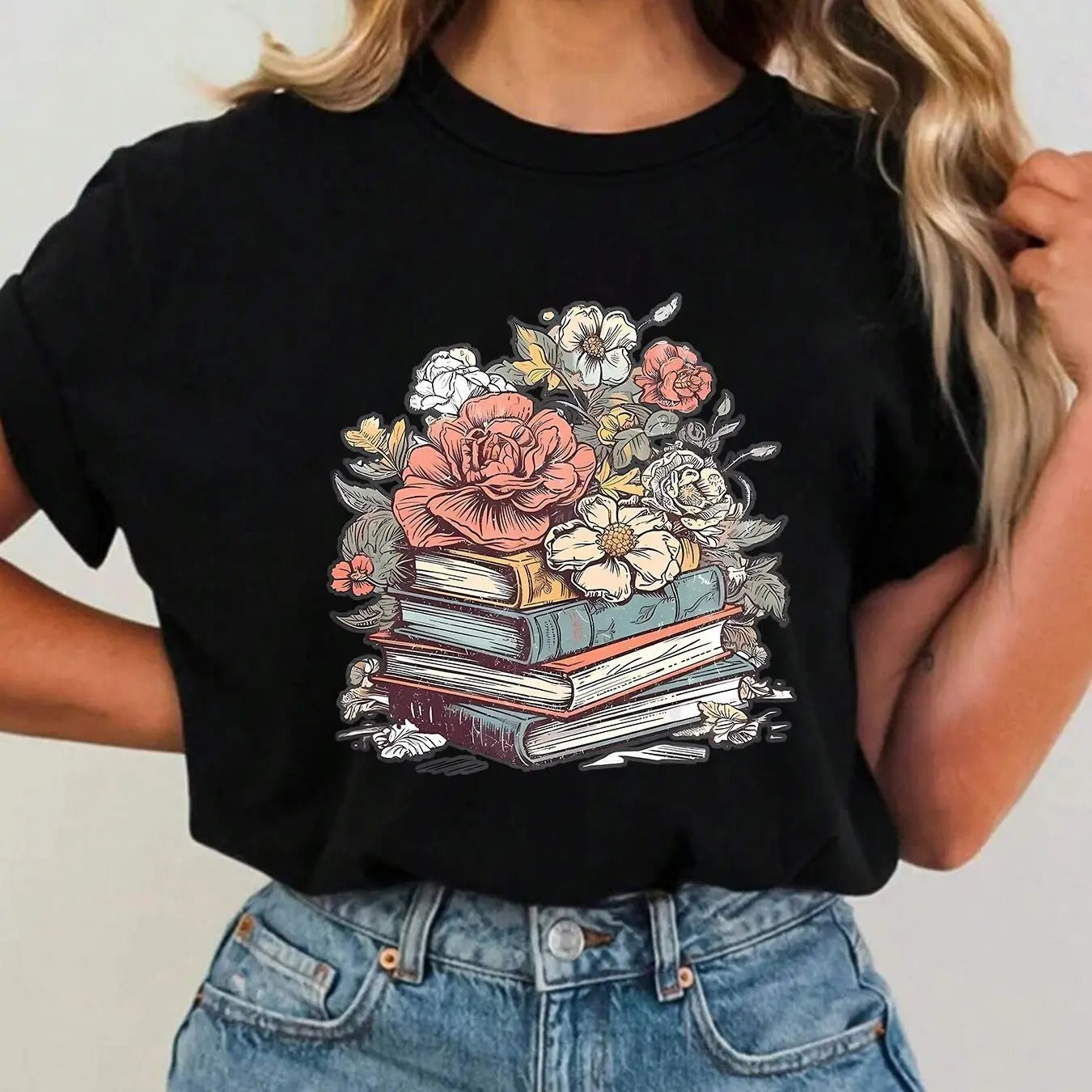 Women's Floral & Book Print Round Neck Tee, Vintage Trendy Casual Rose Graphic Short Sleeve T-shirt for Daily Wear,...