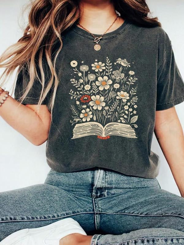 Women's Floral & Book Print Round Neck Tee, Vintage Trendy Casual Short Sleeve T-shirt for Daily Wear, Ladies Summer, Top...