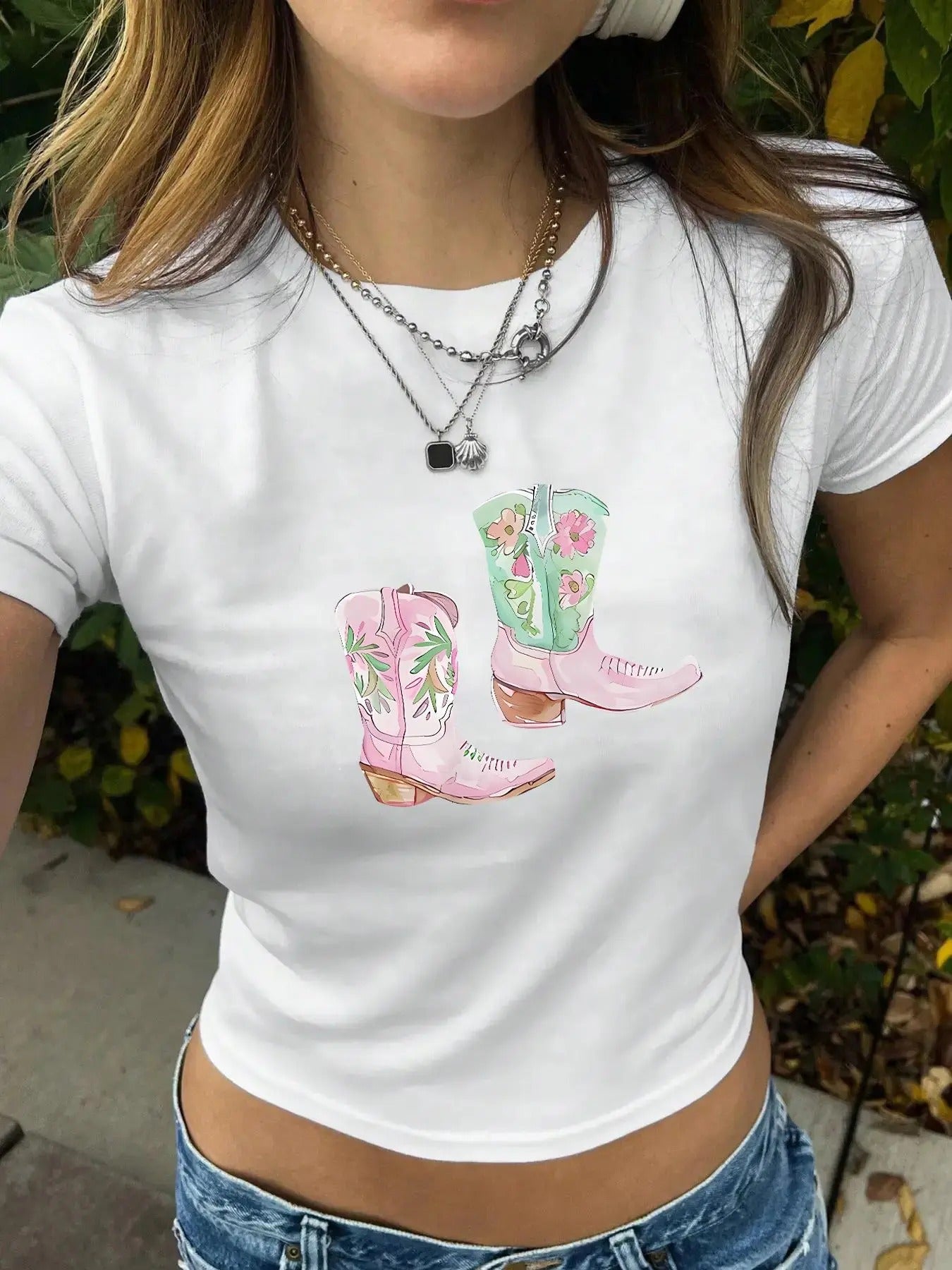 Women's Floral & Boots Print Round Neck Tee, Trendy Casual Short Sleeve Crew Neck T-shirt for Daily Wear, Ladies All...