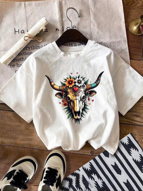 Women's Floral & Bull Head Print Round Neck Tee, Vintage Trendy Casual Short Sleeve T-shirt for Daily Wear, Ladies Summer...