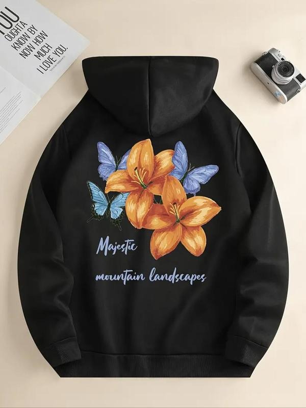 Women's Floral & Butterfly Print Drawstring Hoodie, Fashion Casual Letter Print Hooded Sweatshirt for Daily Holiday...