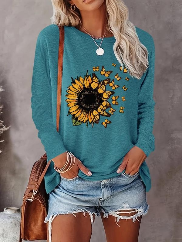 Floral & Butterfly Print Round Neck Casual Long Sleeve Crew Neck Fall & Winter Clothes Daily T-Shirts, Hoodie, Sweatshirt