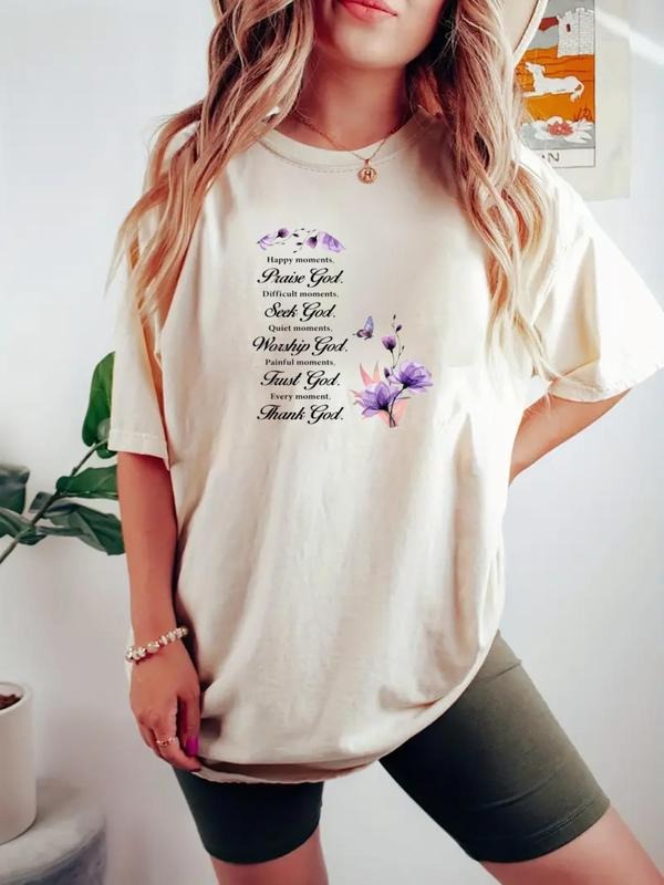 Women's Floral & Butterfly Print Round Neck Tee, Fashion Casual Crew Neck T-shirt for Daily Holiday Vacation Outdoor...